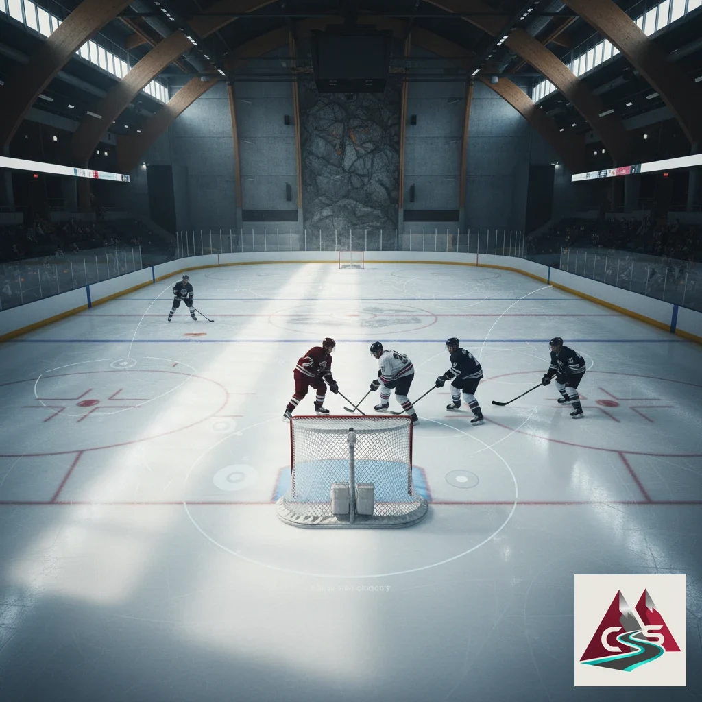 Ice hockey players competing near the rink goal area